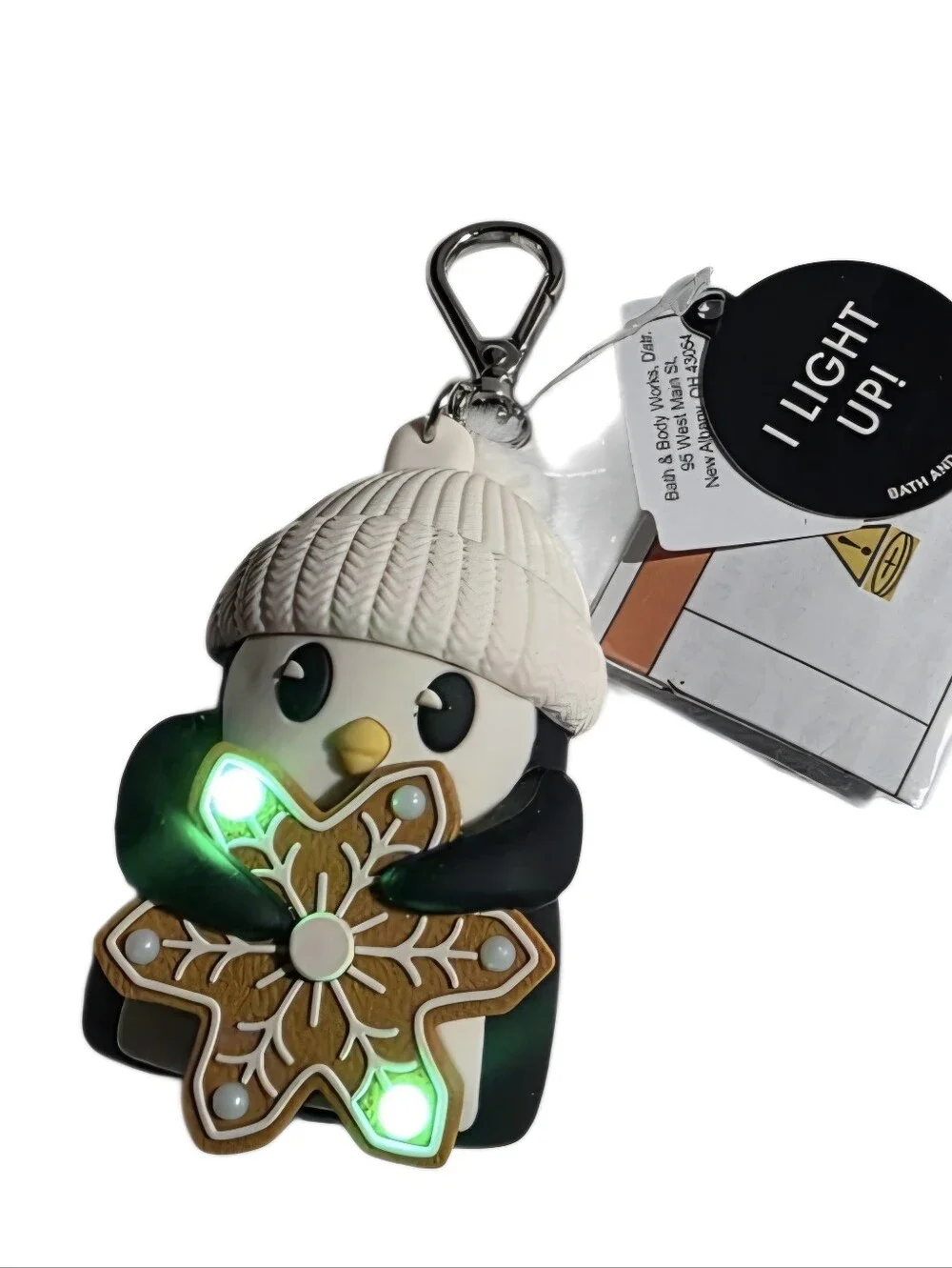 Penguin Keychain Light-Up Charm with White Beanie and Gingerbread Star - Picture 2 of 4